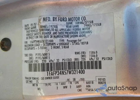 2007 Ford Focus Zx4 z USA, uszkodzony, nr VIN 1FAFP34N57W321400